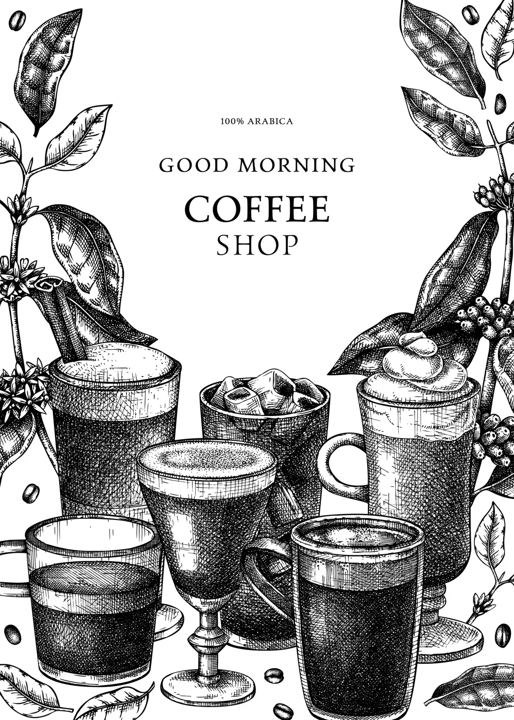 Hand-sketched coffee card template. Vector sketches of mugs with aromatic caffeine drinks design. With botanical coffee plants, leaves and beans in vintage style. Vector beverages template Illustration